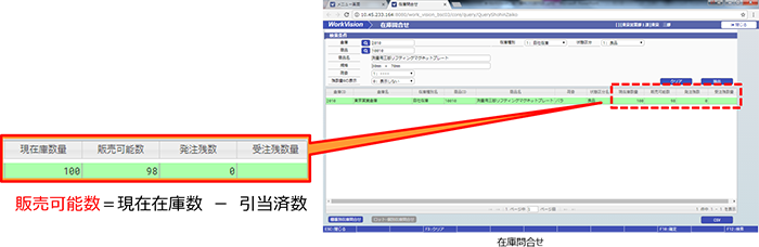 在庫からの引当 販売可能数=現在在庫数-引当済数